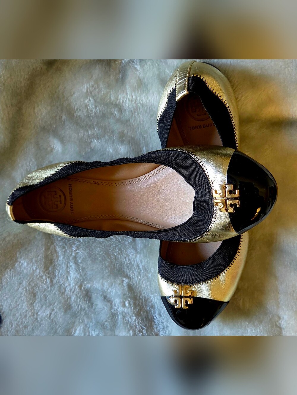 Tory Burch Gold and Black Cap-Toe Ballet Flats with Logo